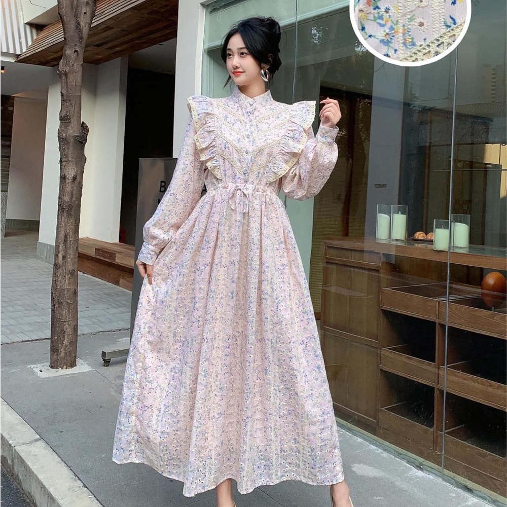 NWT SIZE Large Floral Ruffle Eyelet Maxi Dress